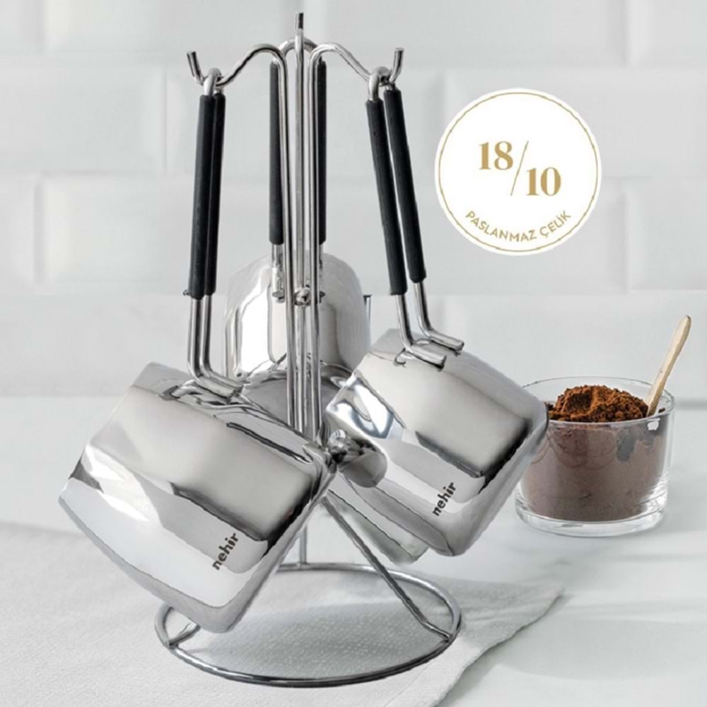 Nehir Modern 4 Parça Standlı Paslanmaz Çelik Cezve Seti