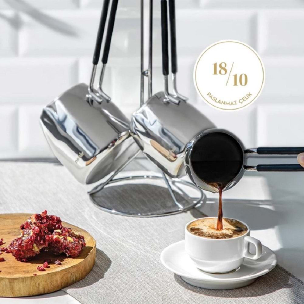 Nehir Modern 4 Parça Standlı Paslanmaz Çelik Cezve Seti