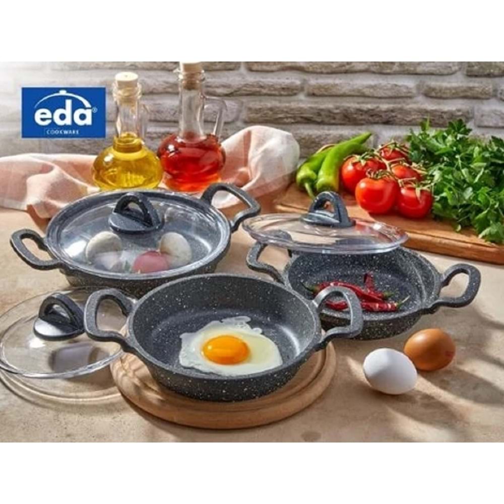 Eda ZK-905 Büyük Asya 3'lü Granit Sahan Seti Cam Kapaklı Döküm Gri