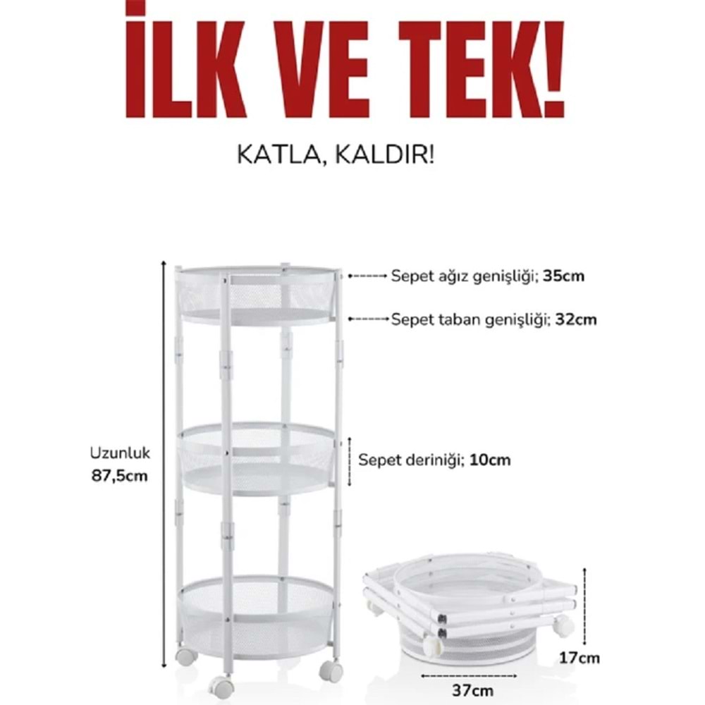 Cornella 3 Katlı Katlanır Metal Beyaz Tekerlekli Patates Soğanlık CR-1000