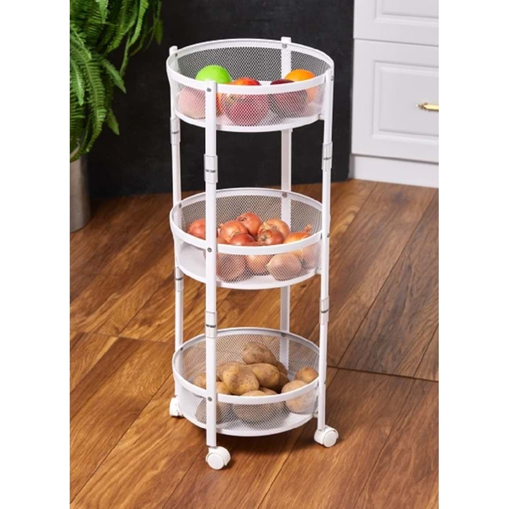Cornella 3 Katlı Katlanır Metal Beyaz Tekerlekli Patates Soğanlık CR-1000