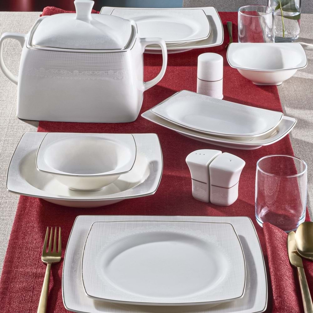 Güral Caroline 62 Parça Kare Yemek Takımı Platin File YT6171