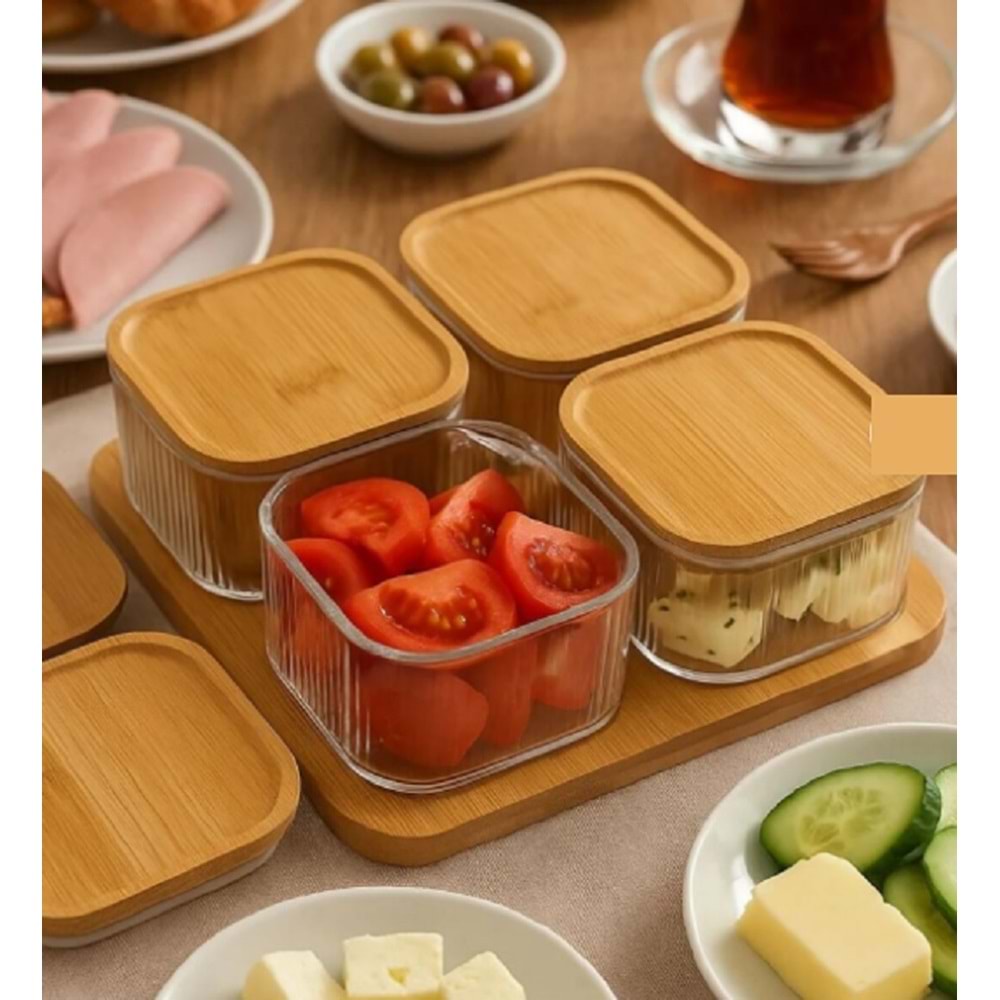 Miraç Bambu Vakumlu Kapaklı 4 lü Kahvaltılık ve Çerezlik MRC-135