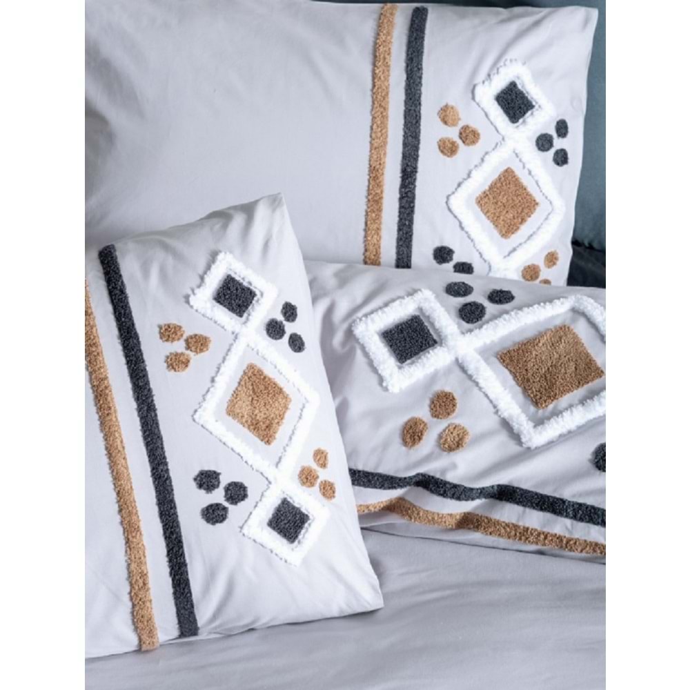 Cottonbox Puff Nakışlı Stesso-Gri Çift Kişilik Nevresim Takımı 1726