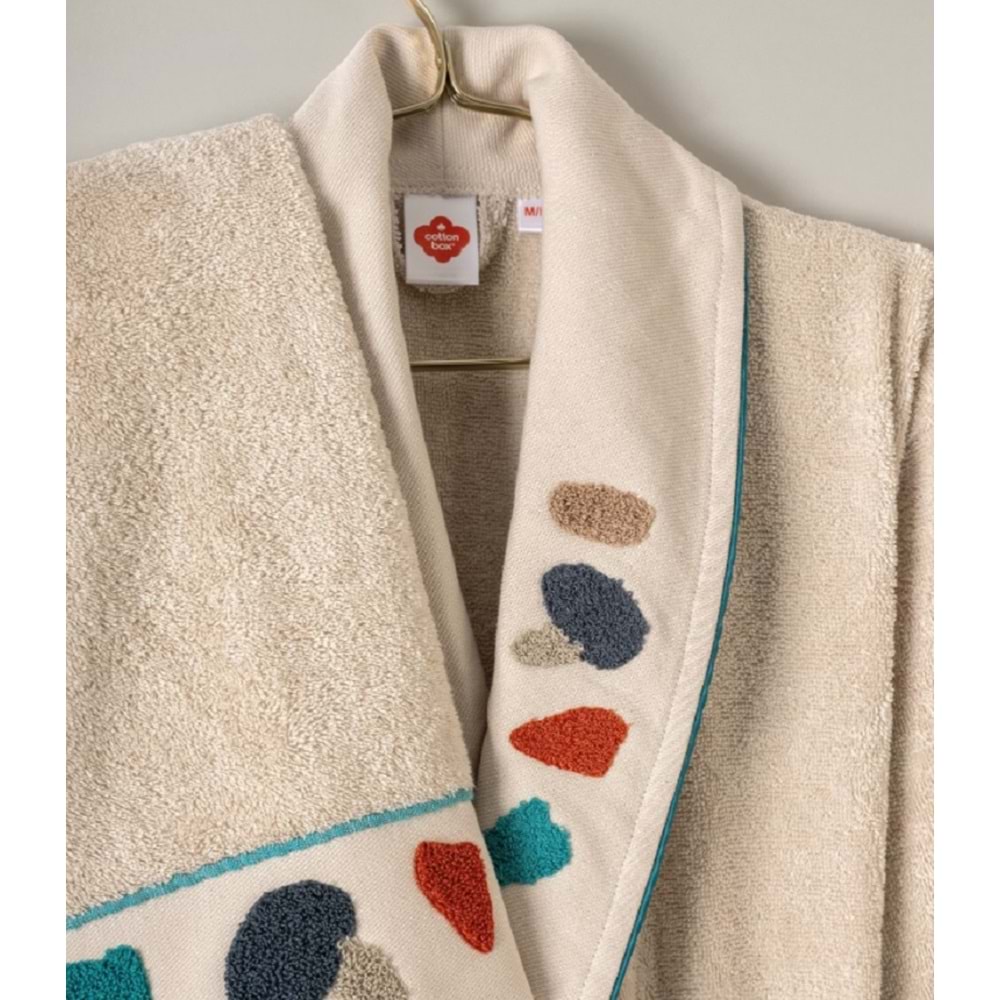 Cotton Box Puff Nakışlı Gaja Bej-Petrol Aile Bornoz Takımı