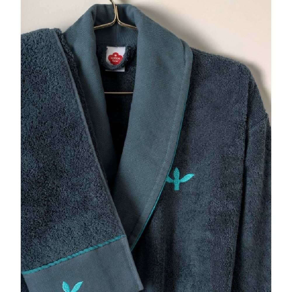 Cotton Box Puff Nakışlı Gaja Bej-Petrol Aile Bornoz Takımı