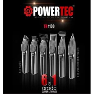 Powertec TR-1100 Profesyonel 6'lı Erkek Bakım Seti Saç Sakal Ense Vücut Kaş Burun Tıraş Makinesi