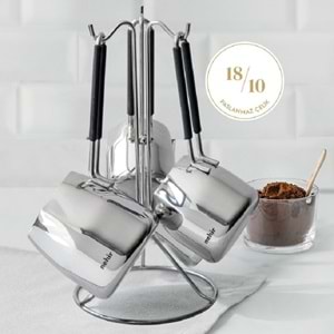 Nehir Modern 4 Parça Standlı Paslanmaz Çelik Cezve Seti