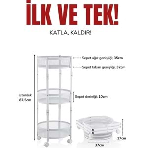 Cornella 3 Katlı Katlanır Metal Beyaz Tekerlekli Patates Soğanlık CR-1000