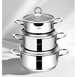 Nehir Silver 6 Parça Paslanmaz Çelik Mini Tencere Seti 12-14-16 cm