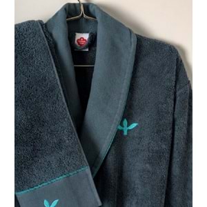 Cotton Box Puff Nakışlı Gaja Bej-Petrol Aile Bornoz Takımı