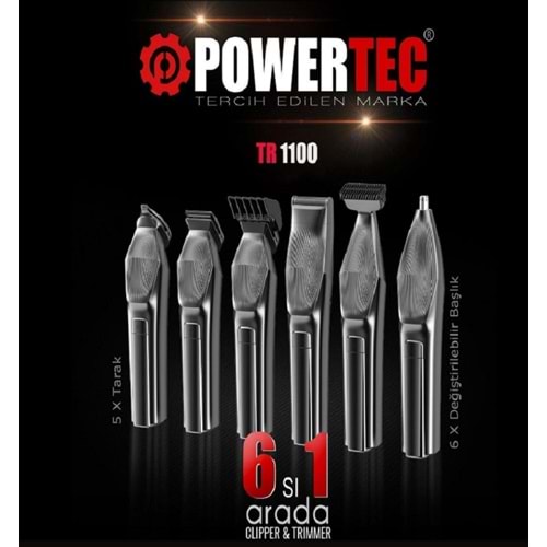 Powertec TR-1100 Profesyonel 6'lı Erkek Bakım Seti Saç Sakal Ense Vücut Kaş Burun Tıraş Makinesi