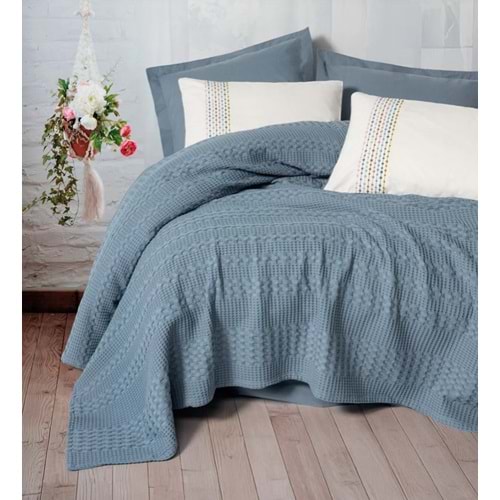 Cotton Box Aura Lastik Çarşaflı Çift Kişilik Pike Takımı Pebble Indigo