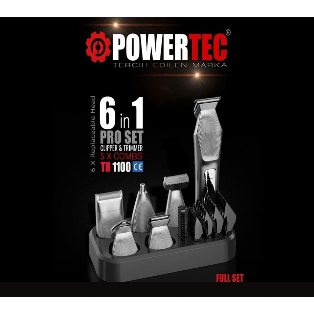 Powertec TR-1100 Profesyonel 6'lı Erkek Bakım Seti Saç Sakal Ense Vücut Kaş Burun Tıraş Makinesi