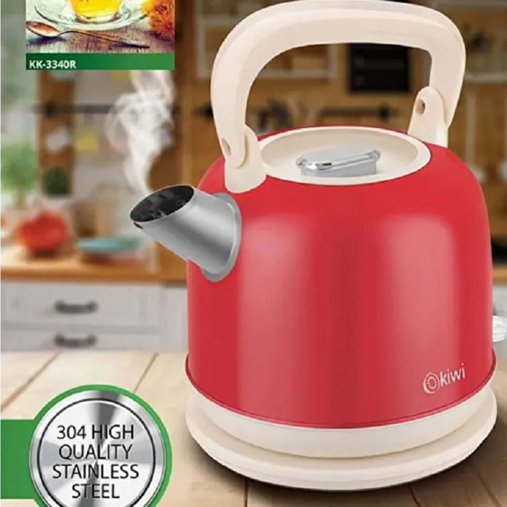 Kiwi KK-3340R Paslanmaz Çelik Retro Su Isıtıcı Kettle - Kırmızı