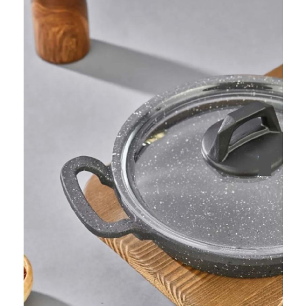 Eda ZK-905 Büyük Asya 3'lü Granit Sahan Seti Cam Kapaklı Döküm Gri