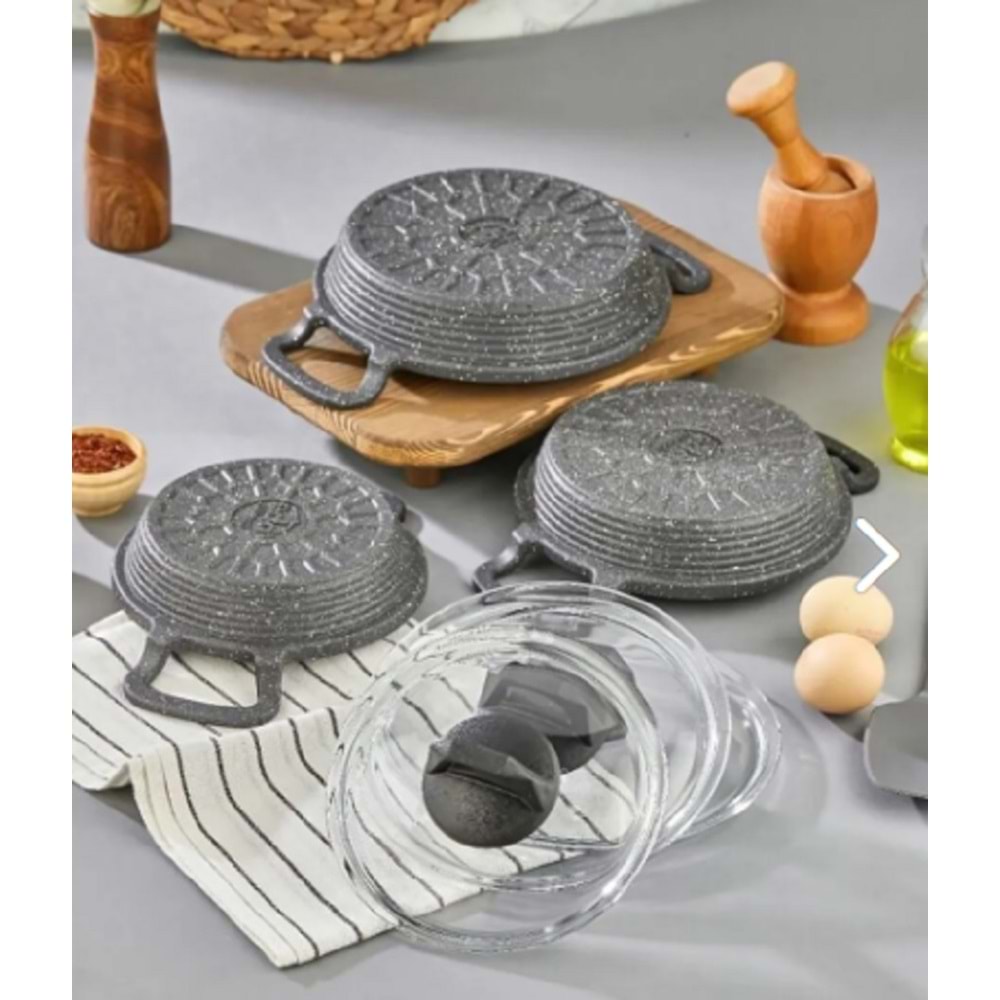 Eda ZK-905 Büyük Asya 3'lü Granit Sahan Seti Cam Kapaklı Döküm Gri