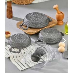 Eda ZK-905 Büyük Asya 3'lü Granit Sahan Seti Cam Kapaklı Döküm Gri