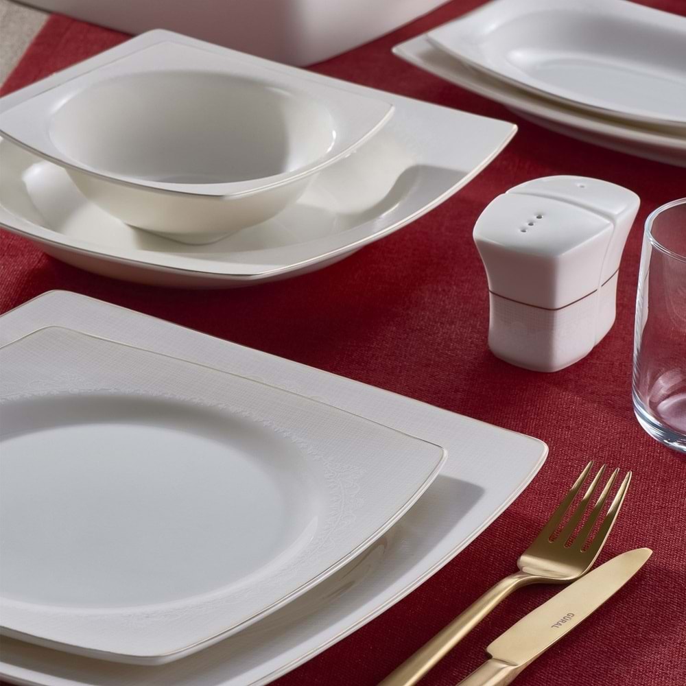 Güral Caroline 62 Parça Kare Yemek Takımı Platin File YT6171